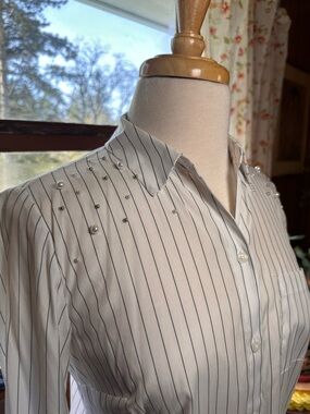 APT 9 • Studded Pearl Shoulder Pinstriped Dress Shirt with Chest Pocket